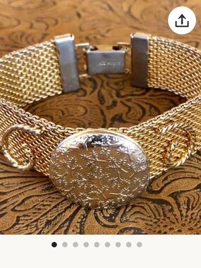 Sarah Coventry Gold-tone Mesh Bracelet with Engraved Oval Medallion Locket